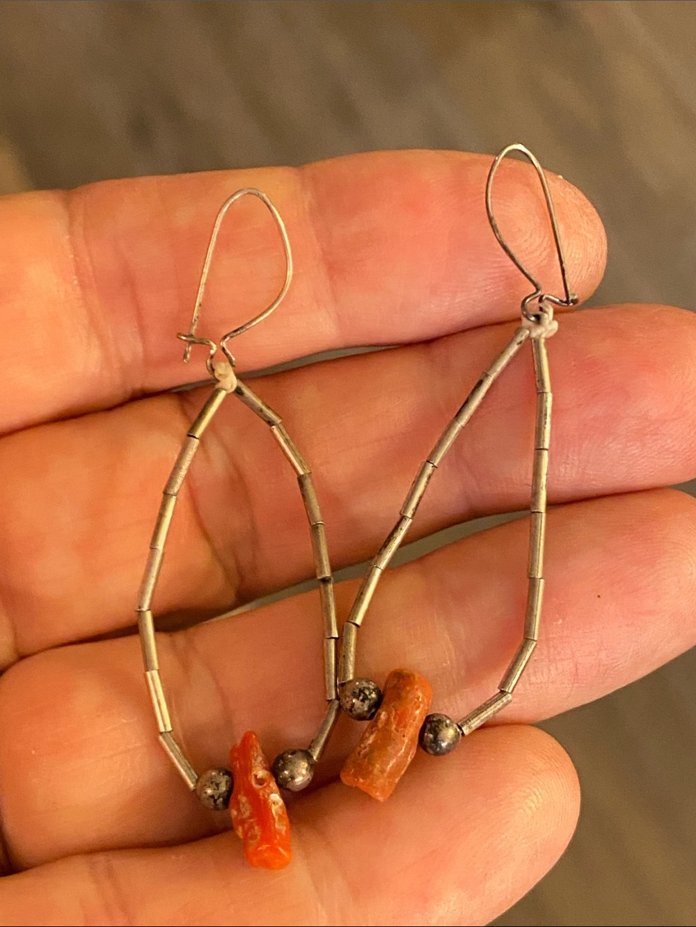 Vintage Native American Sterling Liquid Silver Coral Dangle Earrings